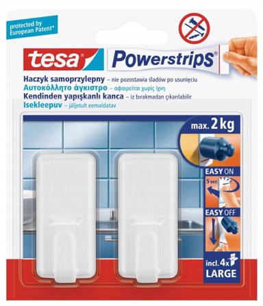 TESA Samoljepljive plastične kuke za vješanje velike do 2 kg, bijele, 2 kom.