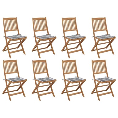 Sklopive vrtne stolice s jastucima 8 kom masivno bagremovo drvo, sivi karirani uzorak