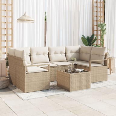 7-dijelni set sofe za vrt s jastučićima, poli ratan, bež, 2-sjedalna vrtna sofa s jastučićima, poli ratan, bež