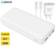 PLATINET Set powerbank PMPB20SET 20000 mAh, 3u1, PD, adapter 20 W, kabel 100 cm, bijela
