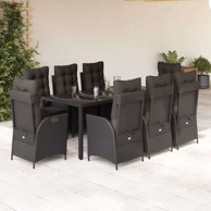 Vrtna garnitura, 9-dijelni set s jastucima, 190 x 90 x 75 cm, bez naslona za noge, crna
