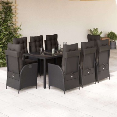 Vrtna garnitura, 9-dijelni set s jastucima, 190 x 90 x 75 cm, bez naslona za noge, crna