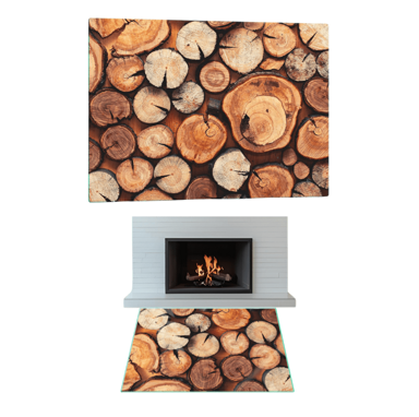 Staklena podloga za kamin i peć od kaljenog stakla, 65 x 60 cm, motiv drva