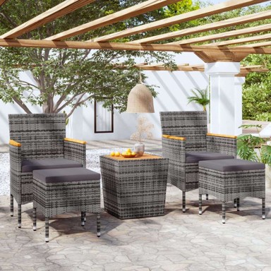 5-dijelni vrtni bistro set od poliratana i bagremovog drva, sivi i smeđa, sa naslonom za noge, 1
