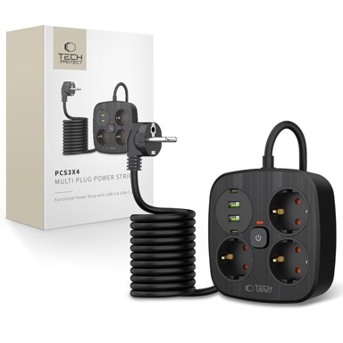 TECH-PROTECT Set za punjenje mobitela PC3X4, 3 x električna utičnica + 2 x USB + 2 x Tip C, crna