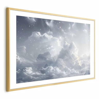 Plakat Astralni mir, zvijezde razasute iznad nježnih oblaka, 42x29.7 cm, zlatni okvir s margom