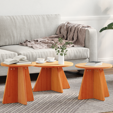 Stolić, set od 3 komada, vosak smeđa boja, 49 x 49 x 30 cm, čvrsto drvo bora