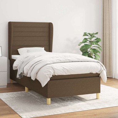 Boxspring krevet s oprugama i madracem 90 x 190 cm tkanina, vodoravne pruge, tamno smeđa