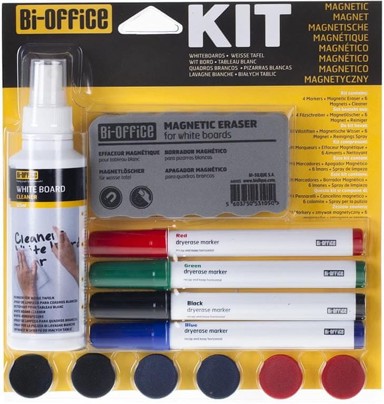 BI-OFFICE Komplet za bijelu ploču, sprej, spužvica, 4 markera, magneti