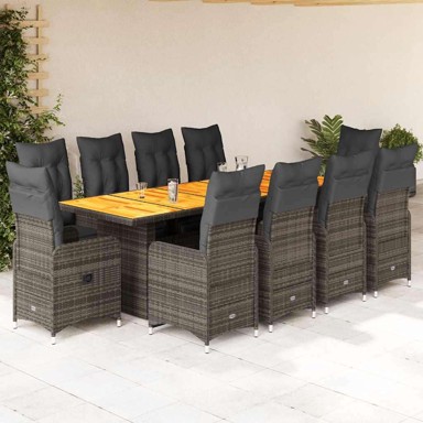 Vrtni bistro set, 11 dijelova, poliratan, s jastucima, drvo, siva, 11 kom