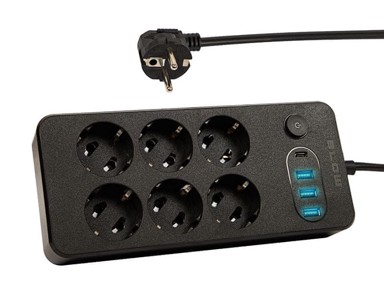 BLOW Produžni kabel PS-620, 6 utičnica, 3 x USB, 1 x USB-C, 2 m, crni