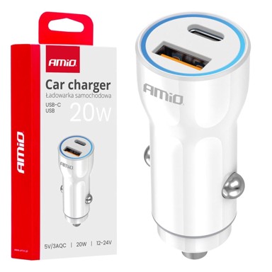 AMIO Auto punjač USB-A i USB-C 20 W, bijeli