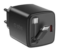 SBS Zidni punjač 30 W USB-C GaN s uvlačivim kabelom, crni