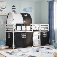 Krevet na kat sa zavjesama bijelo-crni 90 x 190 cm od borovine