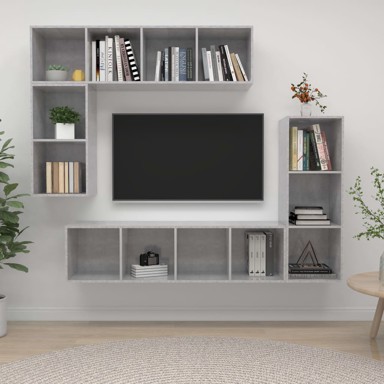 4-dijelni set TV ormarića, siva boja betona, drveni