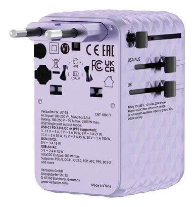 VERBATIM Putni adapter CHARGE N TRAVEL, 100 W, ljubičasti