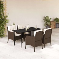 5-dijelni vrtni blagovaonski set s jastucima, poli-ratan, dužina stola 140 cm, oštra noga, smeđi
