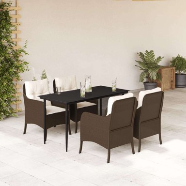 5-dijelni vrtni blagovaonski set s jastucima, poli-ratan, dužina stola 140 cm, oštra noga, smeđi