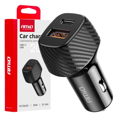 AMIO Auto punjač QC+PD 20W USB-A + USB-C