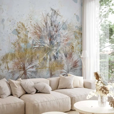 Foto tapeta Sive palme, biljni motiv u apstraktnoj kompoziciji s uzorcima, 100x70 cm