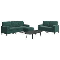 3-dijelni set sofa s jastucima i tabureom od baršuna, tamnozelena