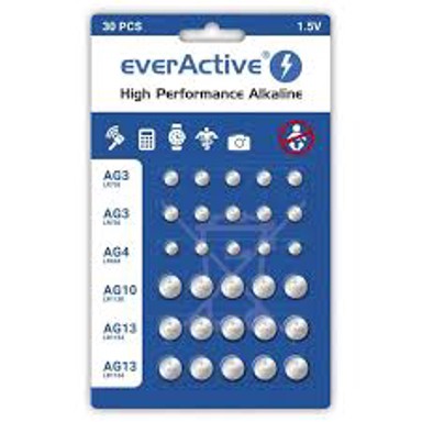 EVERACTIVE Set mini alkalnih baterija, 10 x G3 / LR41, 5 x G4 / LR626, 5 x G10 / LR1130, 10 x G13 / LR1154