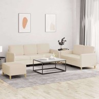3-dijelni set sofa s jastucima s osloncem za noge tkanine, krema