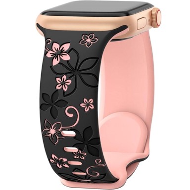 GS Silikonska narukvica s cvjetnim uzorkom za Apple Watch Series 1–11/SE, 38/40/41/42 mm, crno-ružičasta
