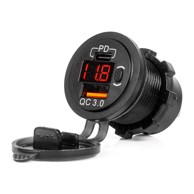 AMIO Modularni auto punjač, vodootporni, prekidač, crveni LED indikator, digitalni voltmetar, USB + USB-C QC3.0, 12/24V