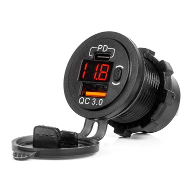 AMIO Modularni auto punjač, vodootporni, prekidač, crveni LED indikator, digitalni voltmetar, USB + USB-C QC3.0, 12/24V