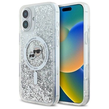 KARL LAGERFELD Liquid Glitter Karl & Choupette Head MagSafe maskica za Apple iPhone 16 Plus, prozirna