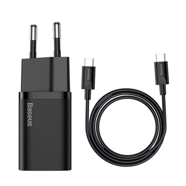 BASEUS Kućni punjač, 220 V, Super-SI, Quick Charge, 25 W ulaz, Type C s kabelom Type C, crni