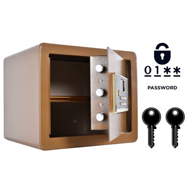 NIKCORP Oklopljeni kućni sef, elektronička brava i ključ, dimenzije 30 x 36 x 30 cm, čelik, alarm, polica, smeđa