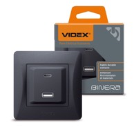VIDEX Binera 16A PD 20W USB-A + USB-C ugradbena utičnica, crna i grafitna