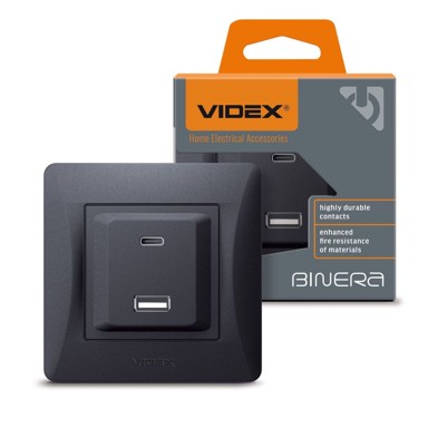 VIDEX Binera 16A PD 20W USB-A + USB-C ugradbena utičnica, crna i grafitna