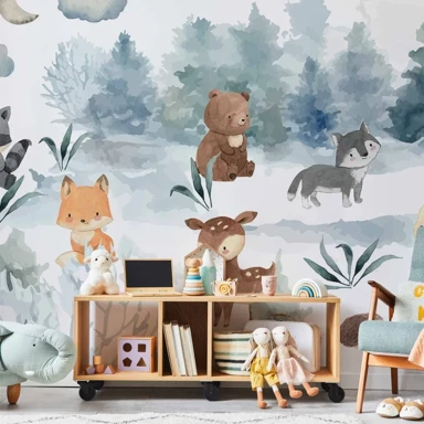 Foto tapeta Šumske igre, životinje u šumi naslikane akvarelom, 400x280 cm, vodootporna