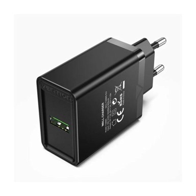 VENTION Zidni punjač ​​1x USB, 18W, EU utikač, crni 