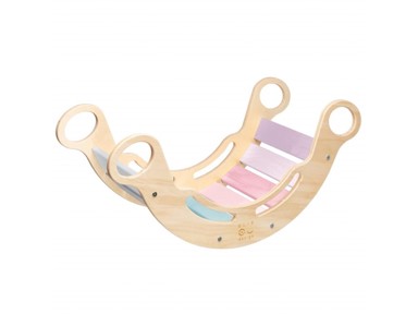 ELIS DESIGN Montessori ljuljačka DUGA, 5u1, natur varijanta, lakirane stranice, pastelne prečke