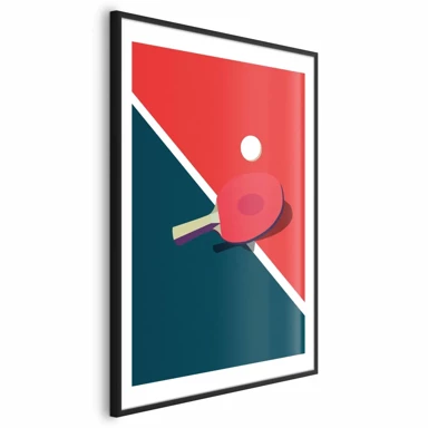 Plakat Stolni tenis, loptica i reket na stolu, 21x30 cm, crni okvir s margom