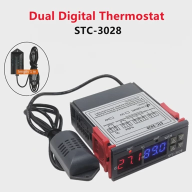 STC Digitalni termostat s kontrolom temperature i vlage, STC-3028, 110–220 V, dvostruki prikaz, crna