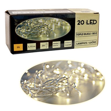LED Lanac, 20 LED, bijelo svjetlo, baterije