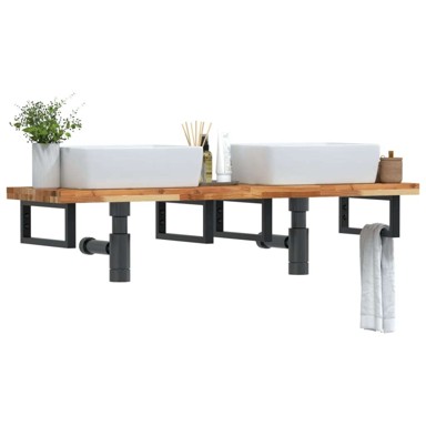 Zidna polica za umivaonik, čelik i masivno bagremovo drvo, pravokutna, tamnosmeđa i crna, 120 x 40 x 4 cm