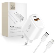 TECH-PROTECT Zidni punjač NC45W GaN 45W s kabelom Type C to Lightning, bijeli