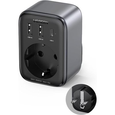 UGREEN Kućni punjač Nexode 4in1, crni, 30W, s utičnicom, 2xUSB-A, USB-C
