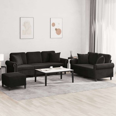 Set sofa 3-dijelni s jastucima i tabureom, baršun, crni