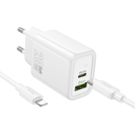 HOCO Punjač N61, USB-A i Type-C, Type-C na Lightning kabel, PD, 20 W, bijela