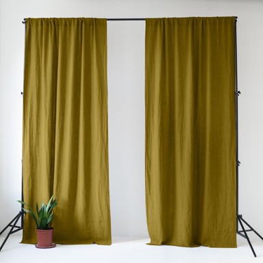 LINEN TALES Oker žuta/zelena lanena zavjesa 140x330 cm Moss Green