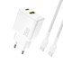 DUDAO Punjač zidni USB-C + USB-A GaN PD QC 25W s kabelom, bijeli