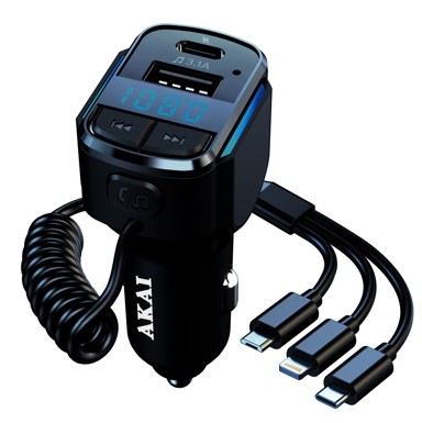 AKAI FM transmiter FMT-32BT, Bluetooth, handsfree, 12–24 V, USB-A, USB-C, crni