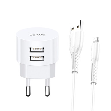 USAMS Punjač 2xUSB T20 2.1A lightning bijeli okrugli brzo punjenje XTXLOGT1804